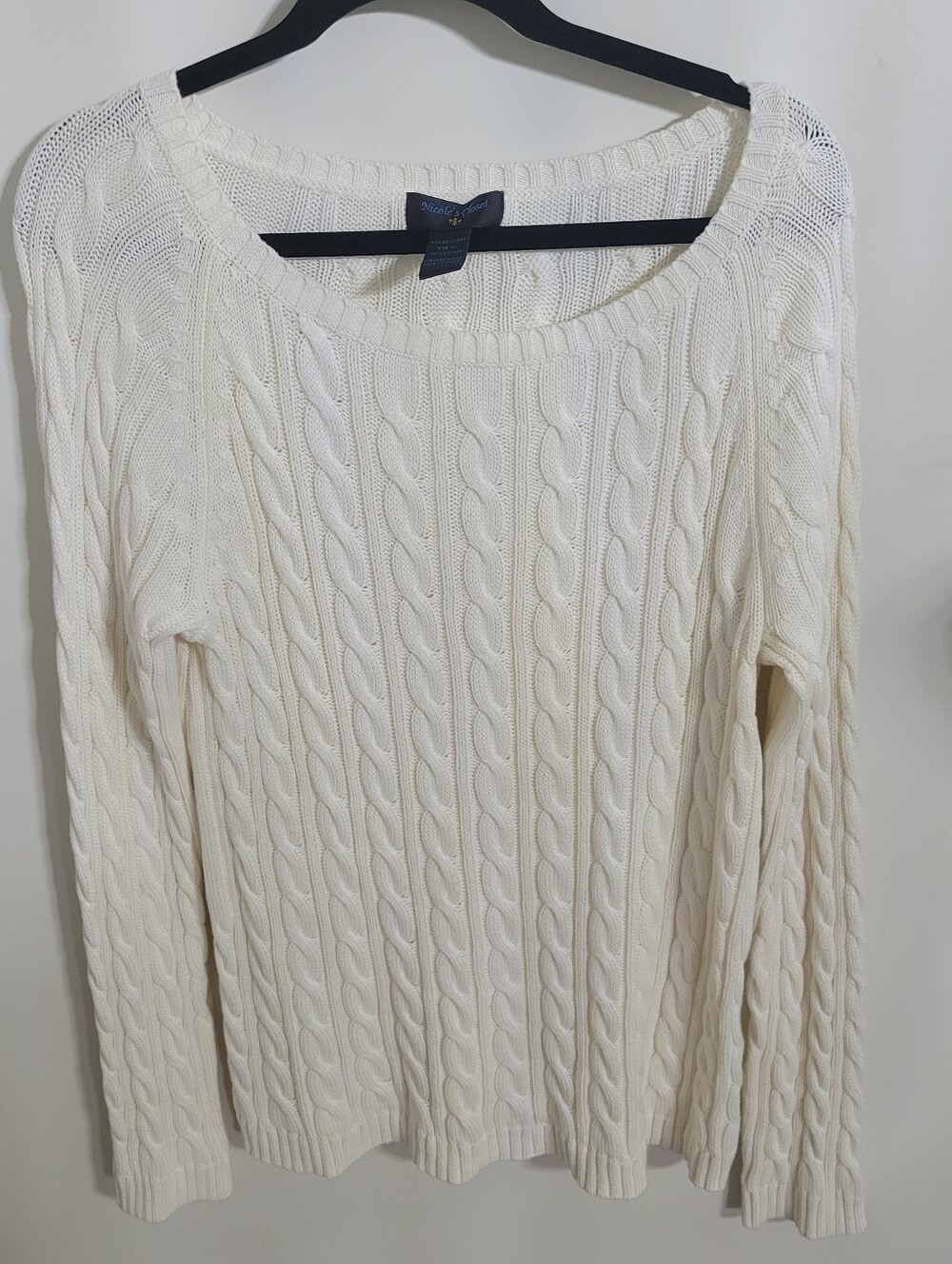Nicole's Closet 100% Cotton Cable Knit Crewneck Sweater - White/Cream, Size 1x